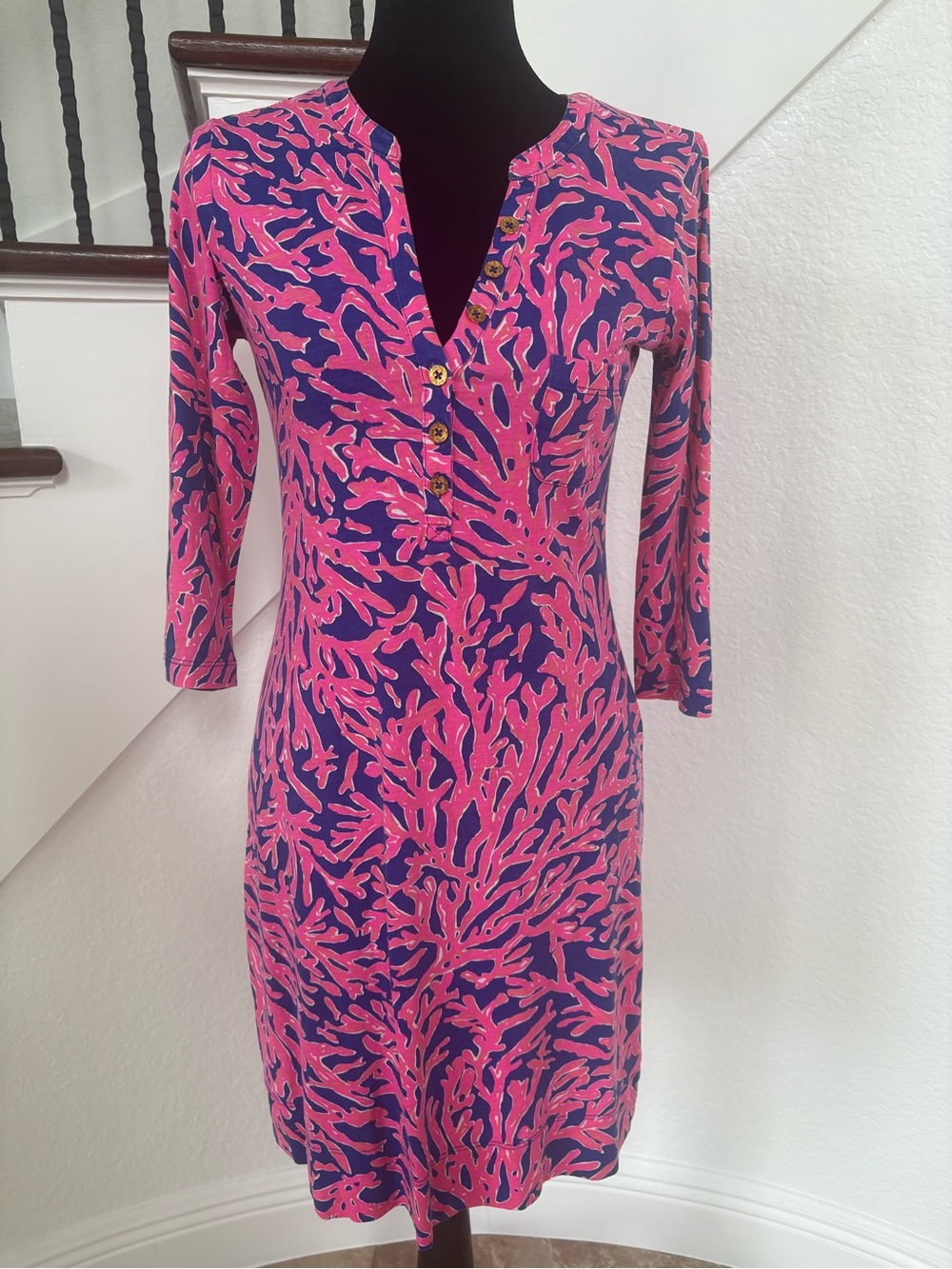 Lilly Pulitzer Pink & Blue Printed Henley Midi Dress